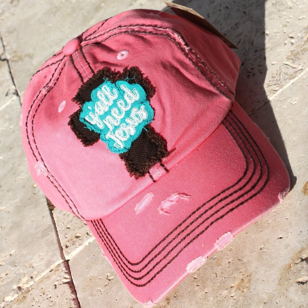 Ya'll Need Jesus Cross Black Aqua Cap Hat Adjustable Inspirational Warm Pink